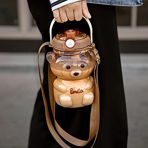 TourKing Teddy Bear Water Bottles with Adjustable Straw,3D Stickers and Strap,Portable Leakproof BPA-Free Water Bottle For Girls for School Sports Camping Hiking Travel（1000ml/34oz） (brown, 1000ml)