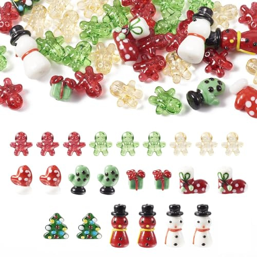 Cheriswelry 46Pcs Christmas Lampwork Beads Christmas Tree Snowman Gloves Gingerbread Man Stocking Assorted Beads Crafts 10-26mm 11 Styles for Xmas Jewelry Making Decoration
