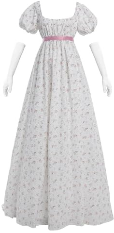 Fiamll Vestito da donna Regency per donne, a vita impero, floreale, dell'era Regency, lungo, da tè, da festa, in stile rinascimentale, costume, bianco, XXL