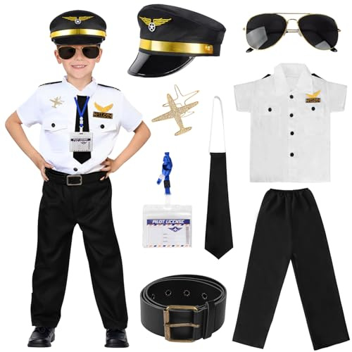 VICTERR Disfraz Piloto Niño, Disfraz de Piloto Capitán Niño Juego Rol,con Traje de Capitán Sombrero Gafas Broche de avión,para Niños Halloween Carnaval Fiesta