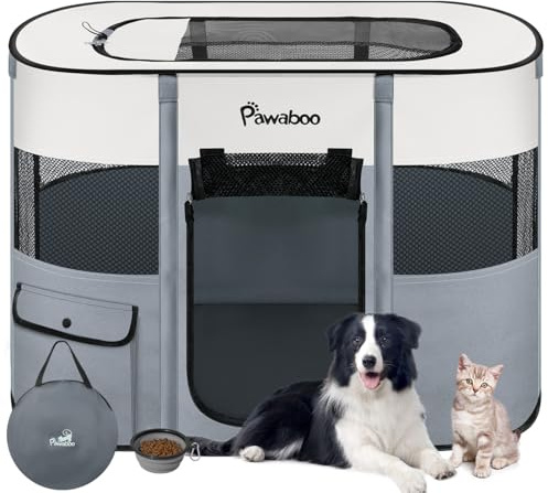 Pawaboo Parc Enclos Pliable Chien Chat, Enclos Intérieur Extérieur Portable, Cage Clôture Tente d'exercice en Tissu Oxford pour Petits Animaux, avec Bol à Nourriture, M, Gris