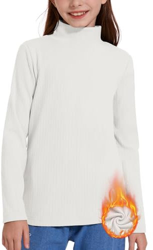 WOWENY Thermo Rollkragenshirt Kinder Unterhemd Jungen Fleece Oberteil Warm Gerippt Rollkragenpullover Mädchen Thermoshirt Langarm für Winter 5-14 Jahre(Weiß,140-146)