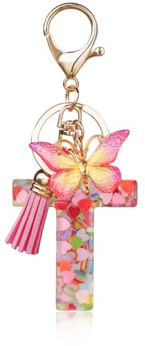 OSDUE Fashion Alphabet Initial Letter Keychain, Women Tassel Butterfly Pink Purple Cute Car Keyrin, Pink and Gold Resin Alphabet Keychain, Tassel Butterfly Pendant Key Ring for Wallet