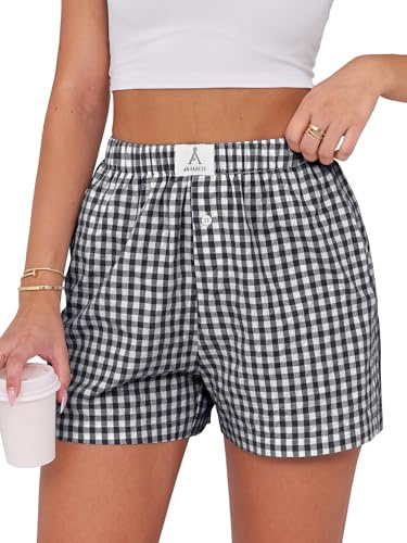ANRABESS Boxer Shorts for Women Gingham Pajama 2026 Summer Casual Lounge Sleep Plaid Shorts Y2K Beach Bottoms Black White Plaid Large