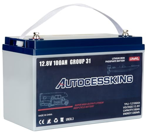 Autocessking 12V 100Ah BCI Group 31 LiFePO4 Battery, 100A BMS Rechargeable Lithium Battery with Low-Temp Protection, Up to 15000 Cycles Perfect for RV, Camping, Solar, Off-Grid and Boat