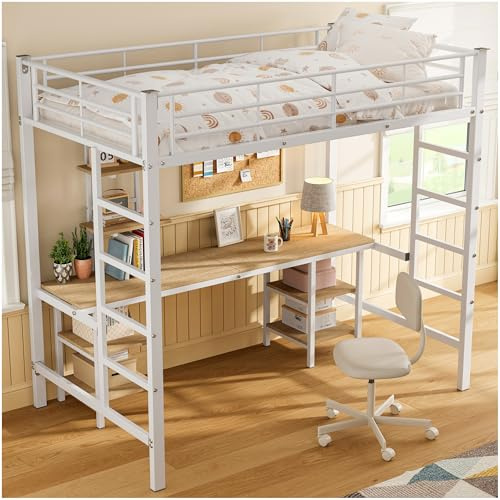 Lubvtti Cama Alta Juvenil 90x200 cm,litera Alta con Escritorio y estantes,Cama Infantil,Cama de Hierro con protección anticaída,Cama Individual,Estructura Cama para niños, Blanco
