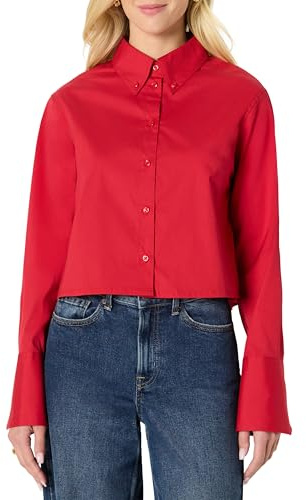 Amazon Essentials Camicia Elegante Button-Down in Popeline di Cotone Elasticizzata vestibilità Oversize Donna, Rosso, S