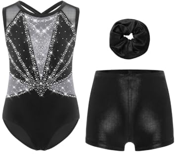 Xnihocha 3Pcs Mädchen Turnanzug Glitzer Gymnastikanzug Ärmellos Ballettanzug mit Shorts Kurze Hose und Stirnband Ballett Tanzkostüm 110-170 Schwarzes Silber 134-140