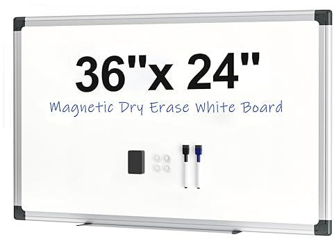 Scribanx Magnetic White Board 36 x 24 for Wall, Dry Erase Board for Home Office, School, Study Room – Silver Aluminum Frame, 2 Markers, 4 Magnets, Included Eraser
