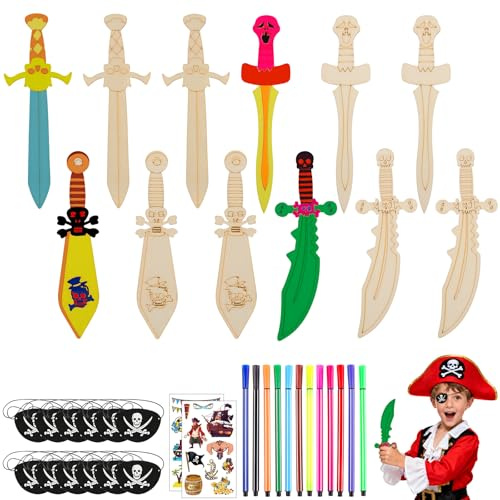 guobinZH 12 Pièces Épée de Pirate en Bois pour Enfant 22cm Long Sabre de Pirate Créatif en Bois avec 12 Stylos de Couleur 12 Pirate Eye Patch et Tatouage pour Cosplay Pirate Enfants Garçons Filles