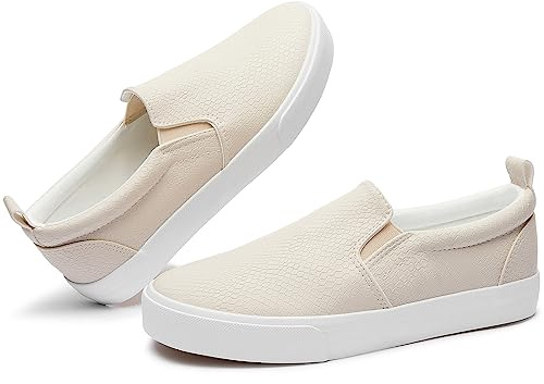 TUOPIN Womens Synthetic Leather Slip On Shoes,Padded Collar Slip on Sneakers for Women,Casual Loafers Walking Shoes(Taupe.US08.5)