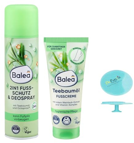 Balea Uppsättning av 2 – 2-i-1 fotskydd & Deodorant Spray (200 ml) fotkräm Tea Tree-olja (100 ml) bonus silikonsvamp