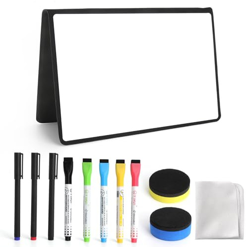 Taccuino Whiteboard A5 Riutilizzabile, Lavagna Cancellabile Piccola Lavagna Bianca Portatile con Pennarelli, Gomma e Panno Planner da Scrivania per Casa, Ufficio, Scuola, Disegni e Appunti