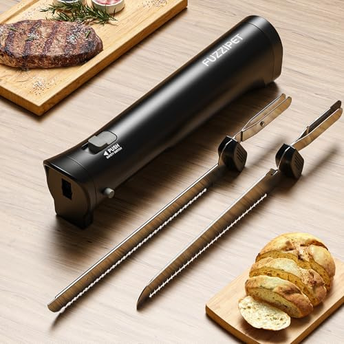 Fuzzipet Cordless Electric Knife, Electric Bread Knife with 4 Stainless Steel Blades, Electric Cutting Knife for Cutting Meats, Fish, Poultry, Bread, Cheese & More (Black)