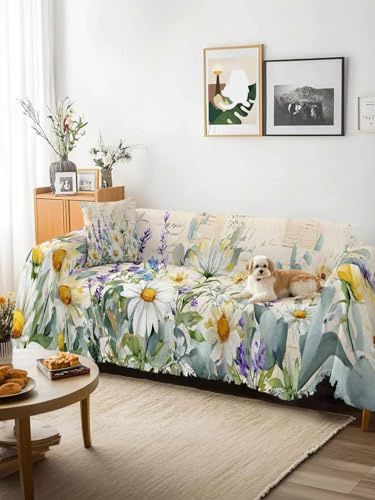Spring Daisy Sofa Cover Blanket Couch Covers for Armchair Cushion,Couch Sofa Silpcover with Tassel,Elegant Pastoral Flowers Watercolor Living Room Bedroom Throw Towel Blanket Covers XX-L 71x150
