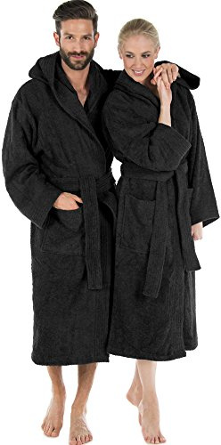 CelinaTex Montana Accappatoio Cappuccio A Tinta Unita Lungo Tasche Applicate Cuciture Decorative Donna Uomo Unisex Puro Cotone M nero