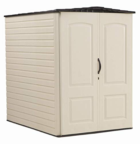 Rubbermaid Large Vertical Resin Outdoor Storage Shed With Floor (6.2 x 4.6 Ft), Weather Resistant, Beige/Brown, Organization for Home/Backyard/Garden Tools/Lawn Mower/Bike Storage/Pool Supplies