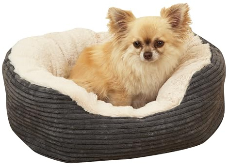 Rosewood Jumbo Cord Plush Dog Bed – Small, 51x45cm – Washable Oval Pet Bed Cushion for Dogs and Cats – Warm and Comfortable – Non-Slip Base, Soft Plush Material – Grey/Cream