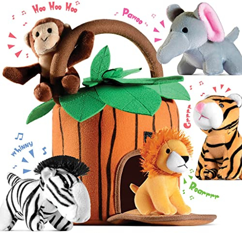 Play22 6-Piece Plush Talking Jungle Animals Set with Carrier for Kids, Babies & Toddlers - Elephant, Tiger, Lion, Zebra, Monkey