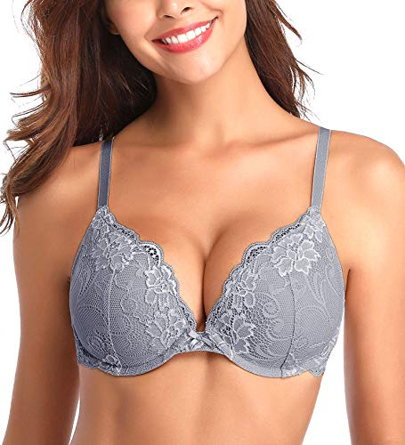 Deyllo Donna Reggiseno Push-up Pizzo Sexy Reggiseno Coppa Imbottito Ferretto Comfort Sollevare Grey 4F