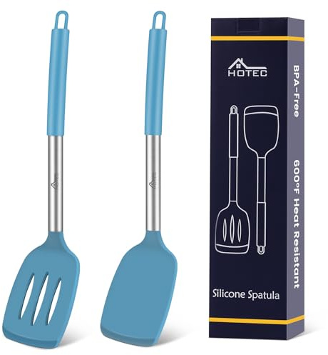 Set di 2 spatole in silicone HOTEC resistenti al calore fino a 315°C e senza BPA con manici in acciaio inossidabile, spatole scanalate e piene per utensili da cucina antiaderenti, 34,8 cm, blu