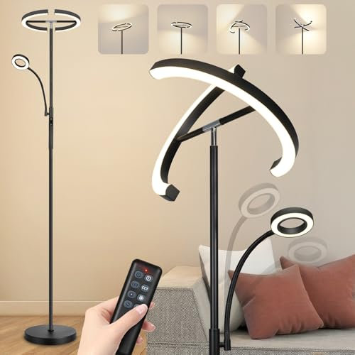 OUTON 2 in 1 Stehlampe LED Dimmbar 20W mit 7W, Modern Deckenfluter mit Fernbedienung & Touch-Steuerung, 4 Farbtemperatur, 1H Timer, Leselampe Stehleuchte für Wohnzimmer Schlafzimmer