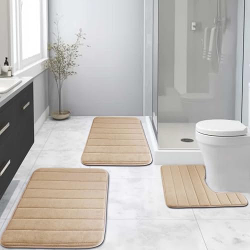 NAKIHOUSE Memory Foam Bath Mat Set, 3-Piece Absorbent Water-Resistant Non-Slip Bath Mats (Beige, 40*60 + U50*50 + 50*80cm)