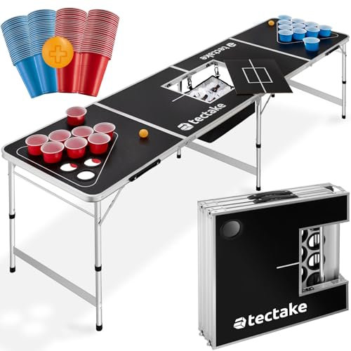 tectake® Bierpong Tisch, inkl. 100 Becher (50 rot & 50 blau) und 6 Bälle, mit Eisfach und Becherhalter, klappbar, höhenverstellbar, Partyspiele für Erwachsene, Trinkspiel Beer Pong