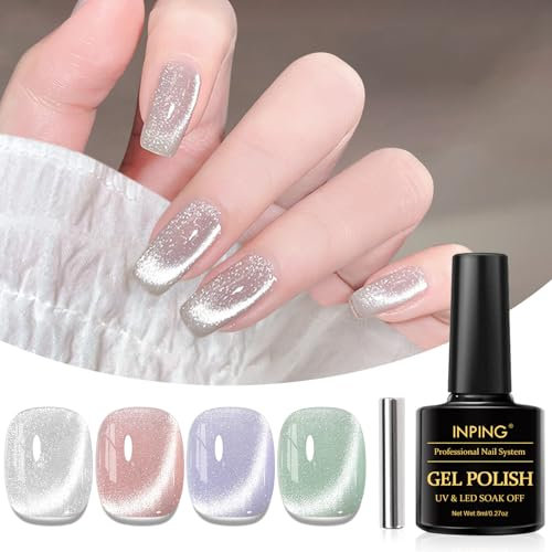 INPING Cat Eye Gel Nail Polish, 4 Colors Jelly Glass Silver Pink Purple Green Crystal Magnetic Cat Eye Glitter Magnetic Gel Polish with Magnet Soak Off UV/LED Nail Art Varnish Kit for Women, 8 ML