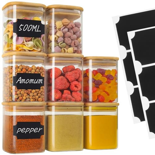 Withosent 500ml Bocaux en Verre Lot de 8, Bocaux Epices, Bocal Verre avec Couvercle en Bambou, Empilable Pot a Épices Verre, Boite Rangement Cuisine pour Epices Herbes Bonbons