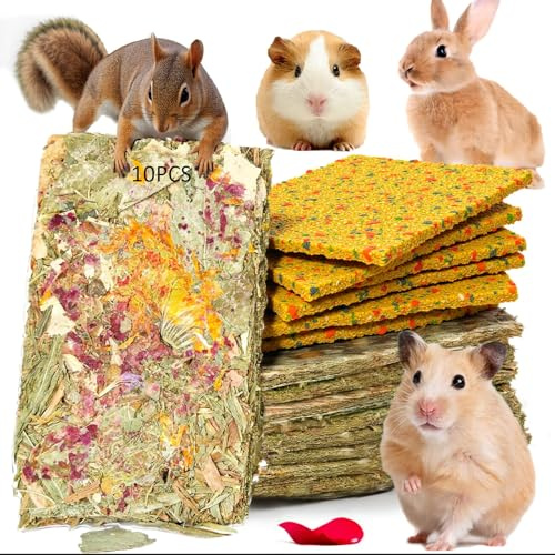 GREMBEB 10 Pcs Rabbit Chew Toys 2 in 1 Bunny Treats Timothy Hay Chips with Apple Carrot Herbal Flowers Snack for Guinea Pig Chinchilla Hamster Teeth Grinding Dental Care Small Animal Food