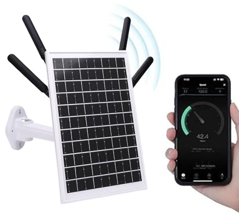 ASHATA 12W Solen Powered 4G LTE Modem Router, 300 Mbps Solar WiFi 6 Extender med SIM -kortplats, 150 M Långväga IP66 Vattenprov, 18000mAh, 8 Enhetsåtkomst (Svarta antenner)