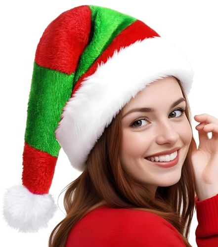 PPGGOPP Colisión de color sombrero de Navidad,Gorros Papá Noel suave,sombrero natales de peluche para adultos,sombrero de Navidad de peluche,para Navidad I Fasching (C)