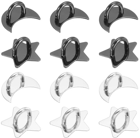 sourcing map 12 Pcs Phone Finger Grip Hook, 25/17mm Adhesive Metal Star/Moon Phone Hook for Case Tablet DIY Hanging Accessories Stand Decor, Silver, Black