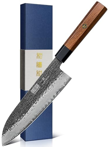 HOSHANHO Cuchillo Santoku de 18 cm, Cuchillo de Chef Japonés Forjado a Mano, Cuchillo de Cocina de Acero al Carbono de Gran Nitidez con Mango Octogonal de Palisandro