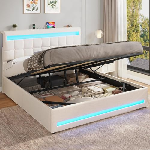 AOGLLATI Letto Matrimoniale Contenitore 180x200 cm, Struttura Letto con Illuminazione LED e Stazione di Ricarica, Letto Matrimoniale con Vano Contenitore Idraulico e Testiera Regolabile, Beige