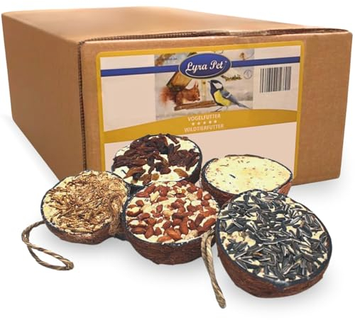 Lyra Pet® | 10 Halbe Kokosnüsse Gefüllt | Fettreiches Vogelfutter | Kokosnuss mit verschiedenen Toppings | Wildvogelfutter Ganzjährig | Vitaminhaltig & Proteinreich | Fettfutter wie Meisenknödel
