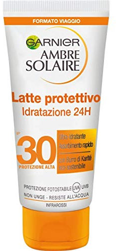Garnier Ambre Solaire Latte Protettivo IP 30, Protezione Alta, Idratazione 24H, Formato da viaggio, 50 ml