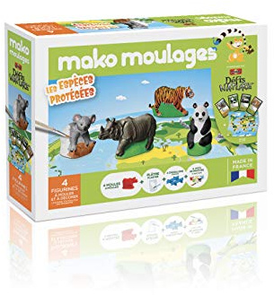 Mako Moulages - Les Espèces Protégées - Partenariat Bioviva - 4 Moules en Plâtre à Peindre - Tigre, Koala, Panda et Rhinocéros - Kits Loisirs Créatifs pour Enfants - Made In France - Dès 5 ans - 39061