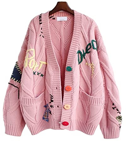 Sweaters for Women Cartoon Cute Loose Knit Cardigan Female Japanese College Style Sweater Coat (UK, Alpha, One Size, Pink)