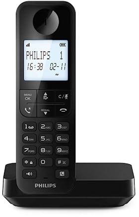 Philips D2701B - Trådlös Fast telefon, 4,6'-Retroliminerad skärm, Vertikal Mikrotelefon, Handfree-samtal, upp till 14 timmar, Optimerad antenn, Sekretessinställningar, Svart