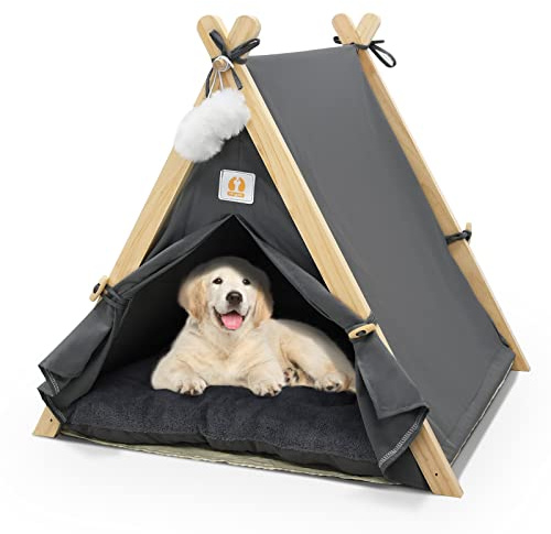 Cat Tent & Dog Tent, Wooden Triangular Cat House for Indoor Cats, Summer Pet Bed Tent with Soft Cushion, Removable Door Flap, Cozy Indoor Shelter for Cats & Dogs 60×55×63 CM - Gray
