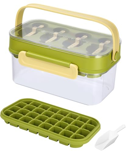 Eiswürfelform Silikon, Eiswürfelbehälter mit Deckel,4 Eisformen Eis am Stiel,Eisformen Silikon,Eiswürfelform für Gefrierschrank mit,Eistee Eiskübel Schaufe,Eiswürfelschale Deckel und Behälter