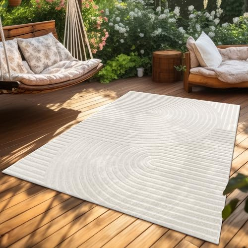 Paco Home Teppich In- & Outdoor, Moderne abstrakte Boho Designs mit 3D Struktur, robust & wetterfest, ideal für Terrasse Wohnzimmer & Küche, Grösse:240x340 cm, Farbe:Creme 6