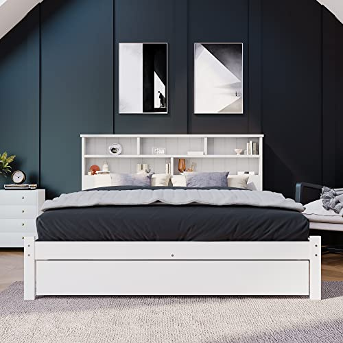 BNUZ Letto matrimoniale in legno massello con cassetti e rete a doghe, per ragazzi e adulti, 140 x 200 cm, bianco