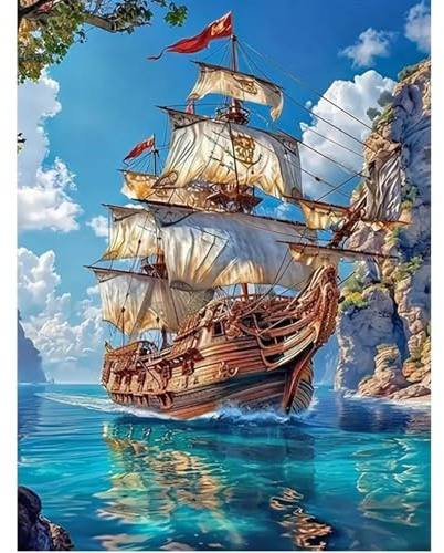 SHEGZHUC 40 x 50 cm Carré Pierres Diamant Peinture Navire à voile sur la mer - Bateau Mosaïque Diamant Peinture Art Broderie Point de Croix Photos Cadeau