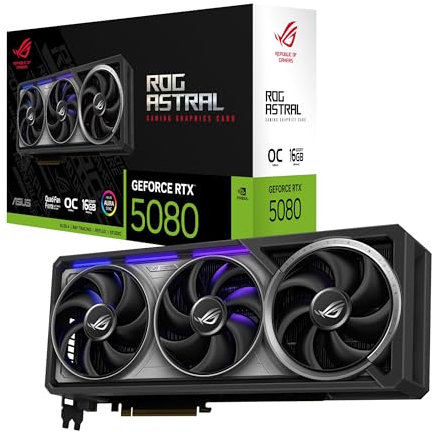 Asus ROG Astral GeForce RTX 5080 16GB GDDR7 OC Edition – Carte Graphique Gaming (PCIe 5.0, HDMI, Display 2.1, 3.8 Slot, 4 Ventilateurs axiaux, Pad Thermique GPU)