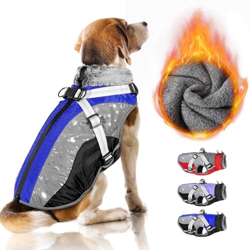 Nasjac Abrigo de Invierno del Perro con el arnés Desmontable, Impermeable Forro Polar Ropa de Abrigo para Perros pequeños medianos Grandes, Reflectante Chaqueta de Piel Ajustable al Aire Libre