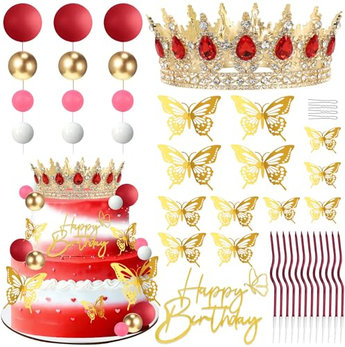ZOYVUX Happy Birthday Crown Cake Topper Decorations, Gold & Red