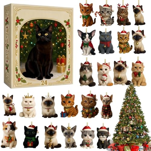 Juladventskalender - 24 dagar julfigurer kattfigurer nedräkningskalender - inredningsdekorationer för krona träd december hylla fönster bil vardagsrum sovrum